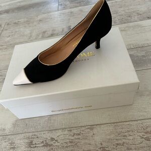 Black and White Pointed Toe Kitten Heel Pumps -